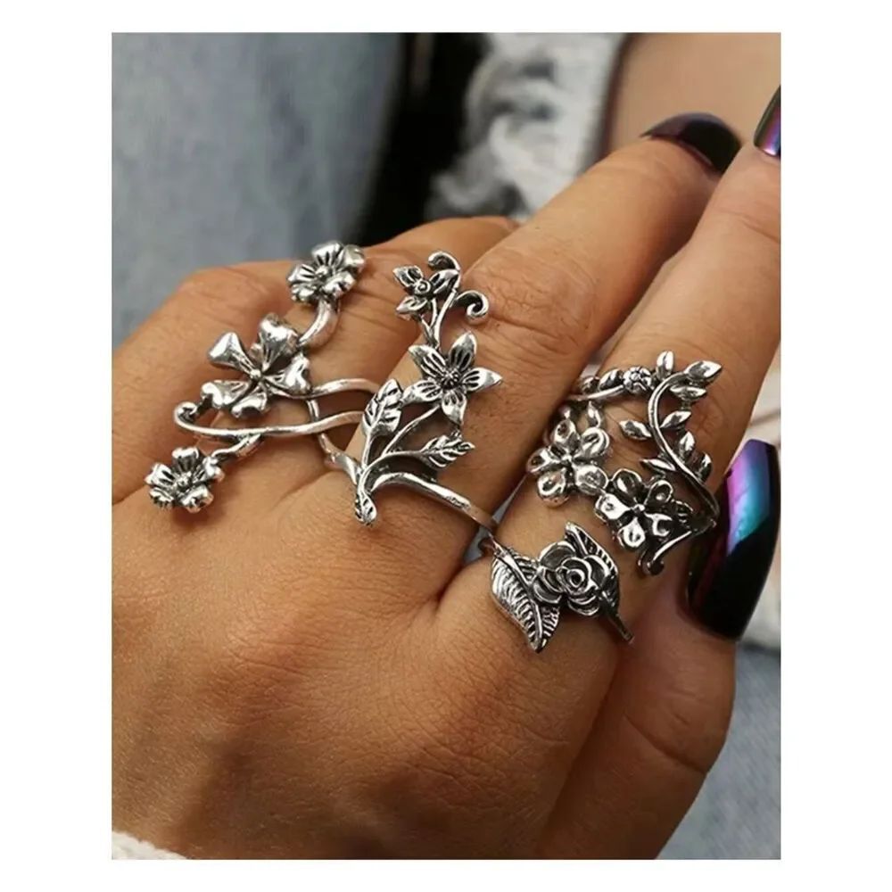 NWT 4Pc Silver Plated Boho Vintage Floral Flower Vine Stackable Midi Ring Set